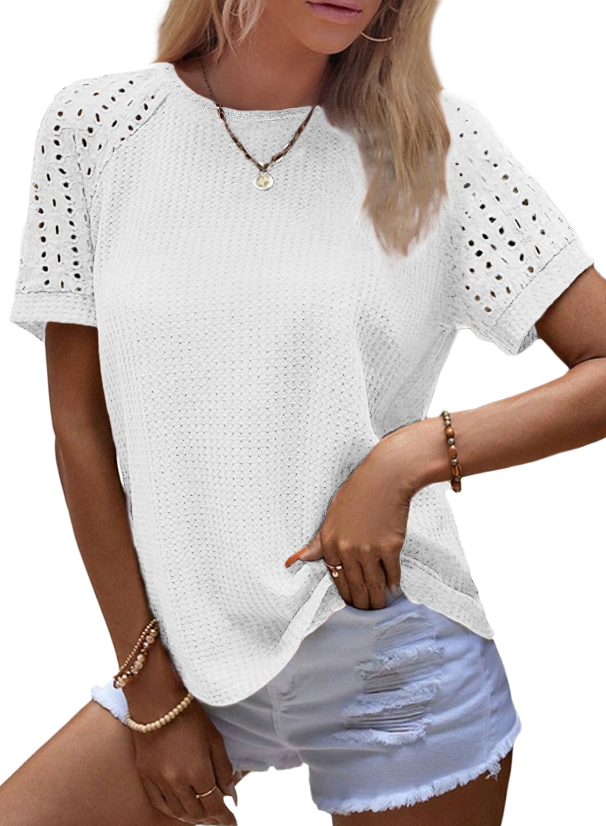 ✨Women's Casual Crew Neck Hollow Out Raglan Short Sleeve Waffle Knit Tops