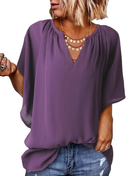 ✨ New Women's V Neck 3/4 Batwing Sleeve Blouse Pleated Flowy Tunic Tops
