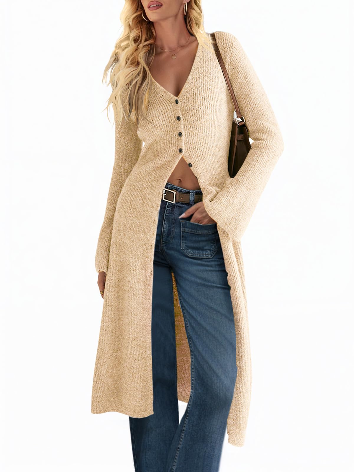 Women's V Neck Bell Sleeve Maxi Knit Cardigan