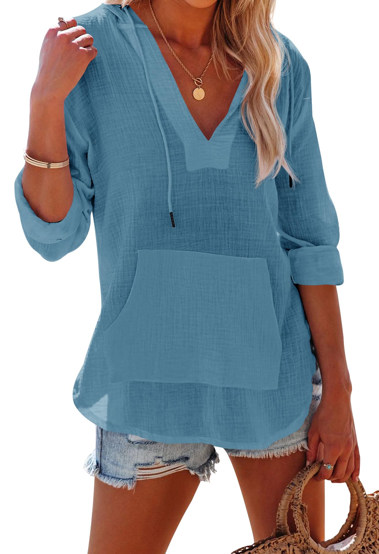 ✨ Women's Long Sleeve V Neck Pocketed Hooded Shirt Top