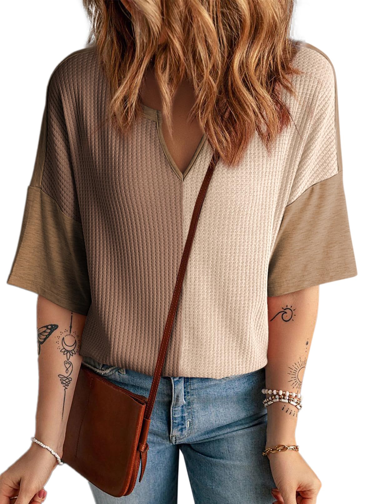 ✨Women's Half Sleeve Waffle Knit Casual V Neck Colorblock Patchwork Shirts