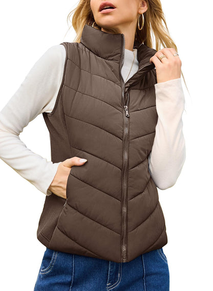 ⏰Hot Sale-Womens Sleeveless Zip Up Outerwear Stand Collar Quilted Puffer Vest