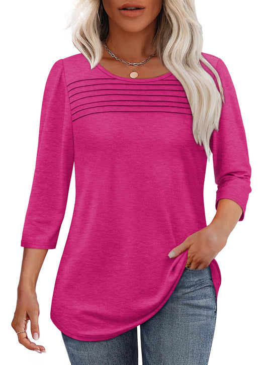 ✨ Women's 3/4 Length Sleeve Top Pleated Front T-Shirt