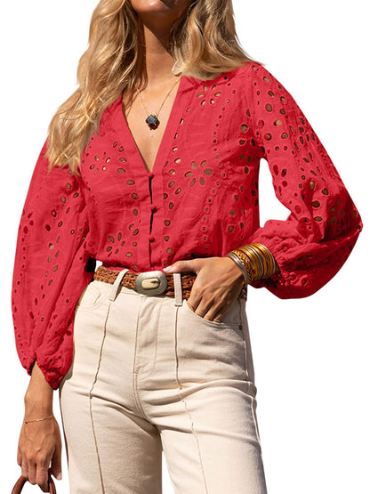 ✨Womens Summer Deep V Neck Eyelet Blouses Casual 3/4 Balloon Sleeve Button Down Shirts