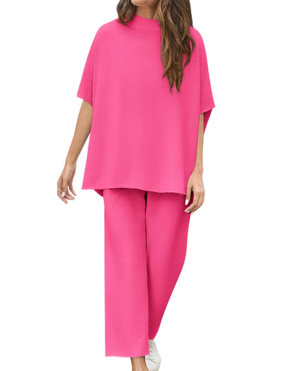 Women's Casual Batwing Sleeve Pullover Top and Wide Leg Set