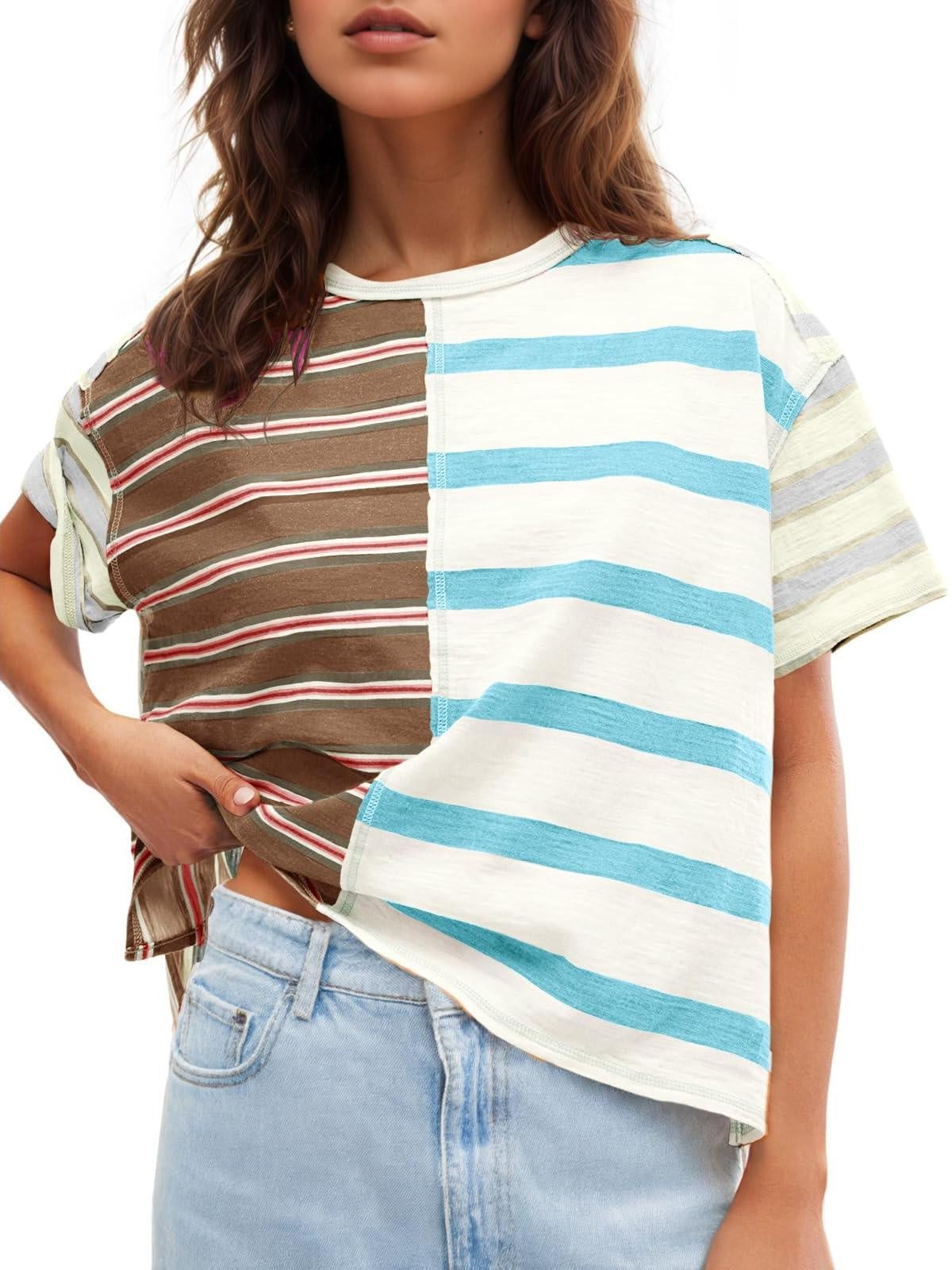 Women's Color Block Striped Crew Neck Short Sleeve T-Shirt