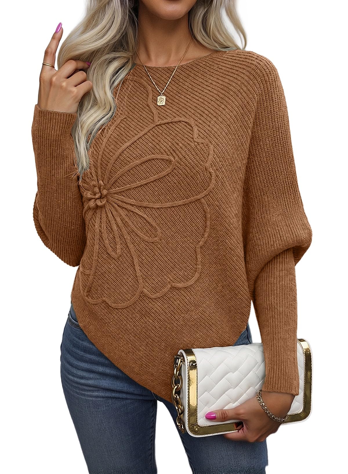 Women's Crew Neck Elegant Floral Pattern Batwing Sleeve Sweaters