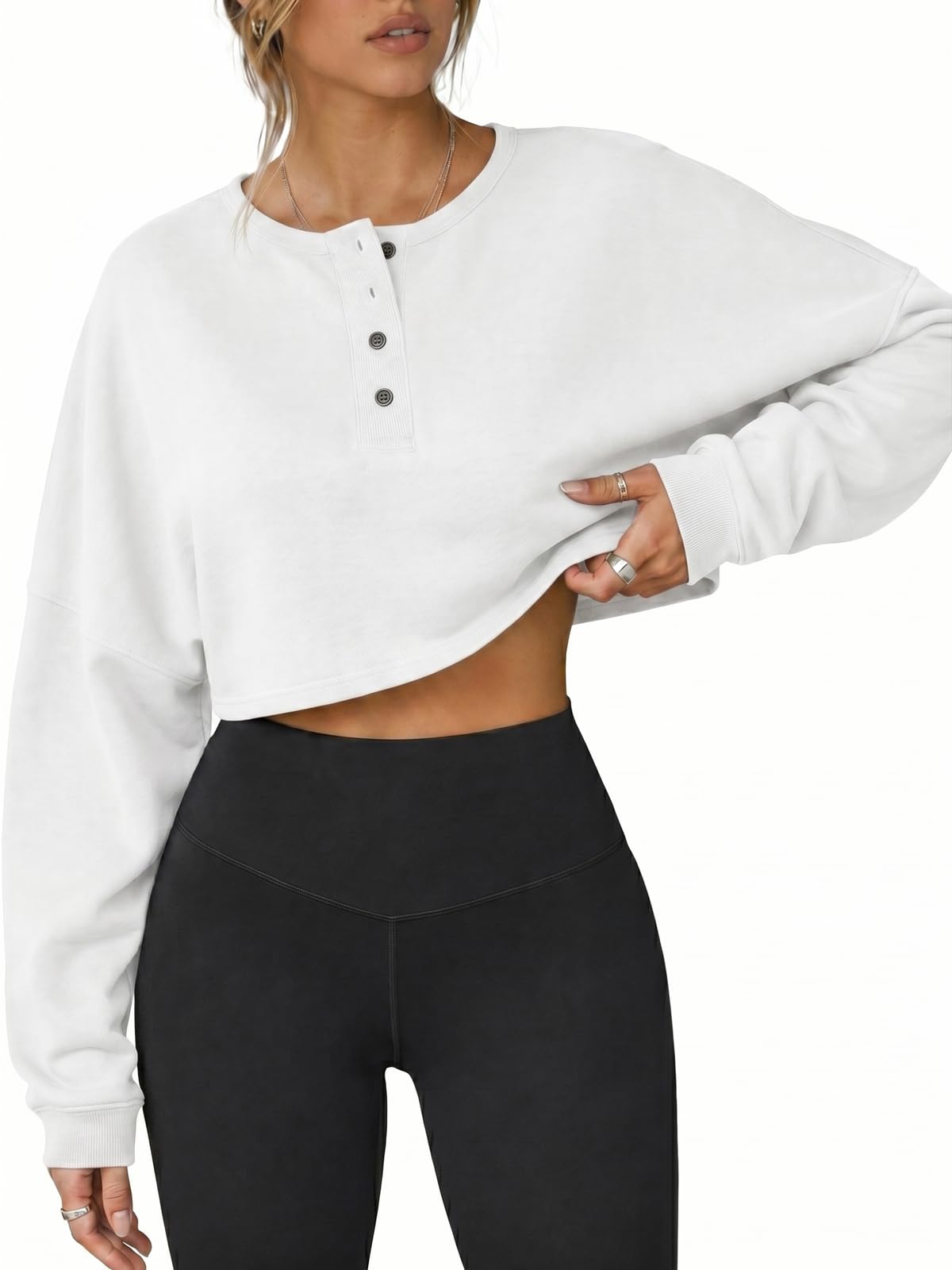 Womens Long Sleeve Cropped Henley Neck Sweatshirts
