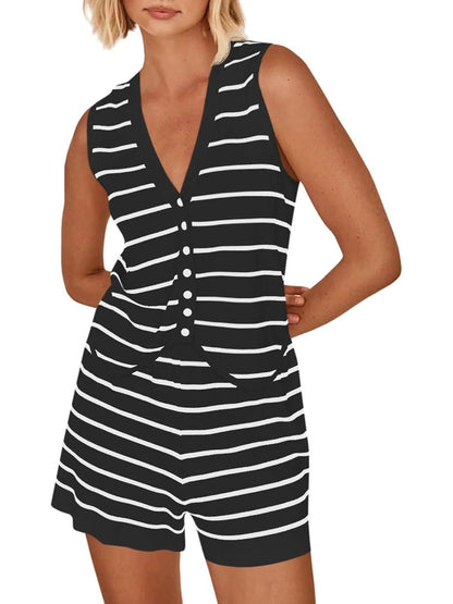 Women's Striped Knit V Neck Button Vest & Shorts 2 Piece Lounge Set