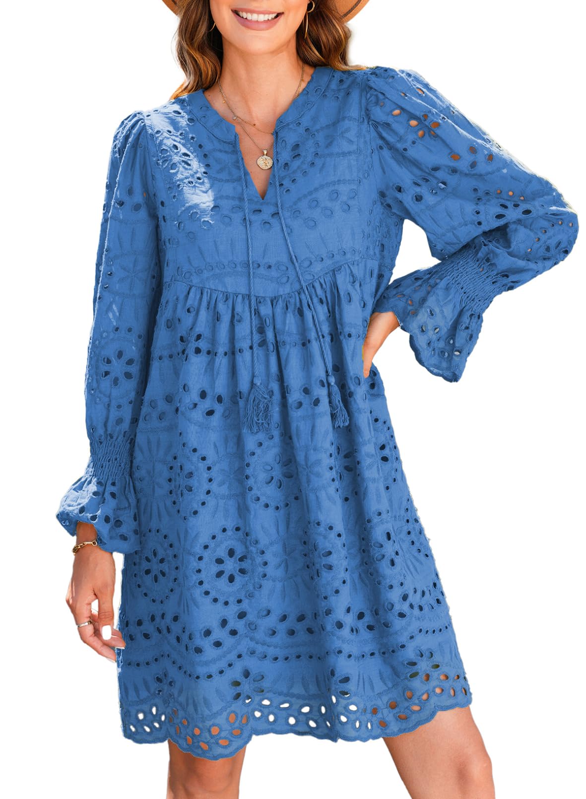 Womens V Neck Long Sleeve Hollow Out Lace Ruffle Dresses