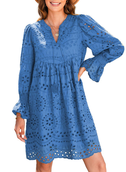 Womens V Neck Long Sleeve Hollow Out Lace Ruffle Dresses