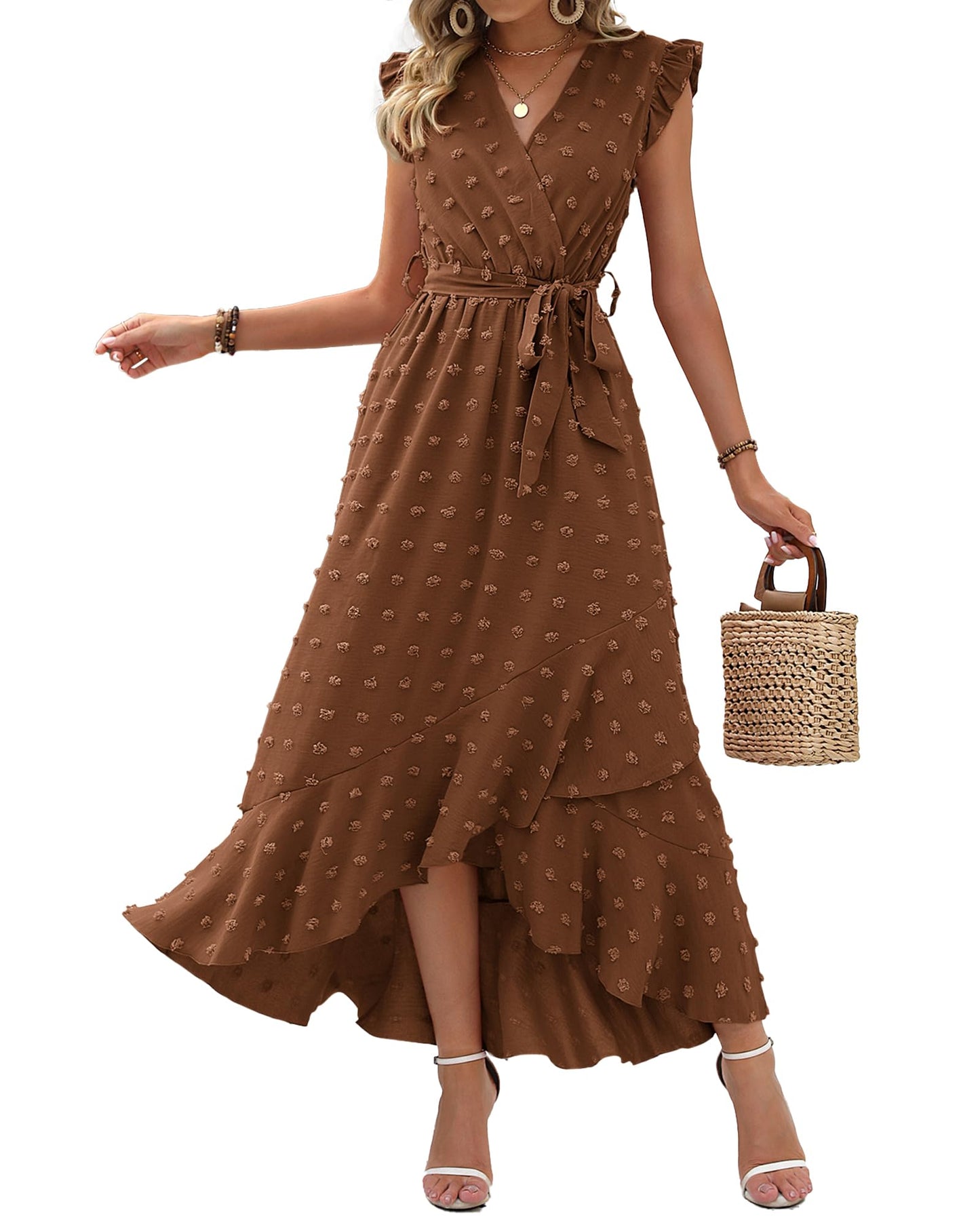 ✨Women's V Neck Cap Sleeve Swiss Dot Boho Flowy Ruffle Slit Long Maxi Dresses