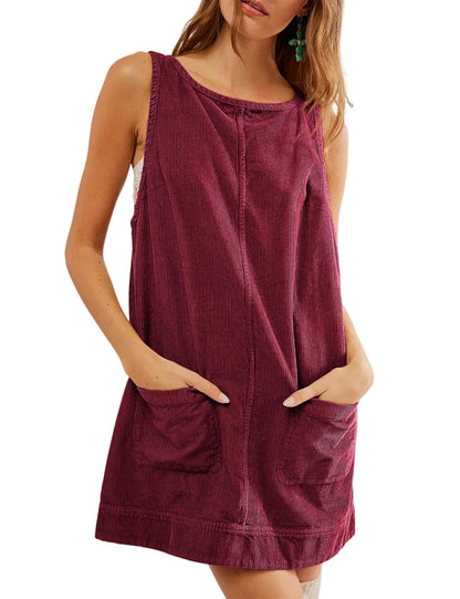 ⏰Hot Sale-Women's Round Neck Corduroy Overall Dress