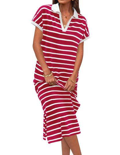 Women's V Neck Side Slit Striped Maxi Dress
