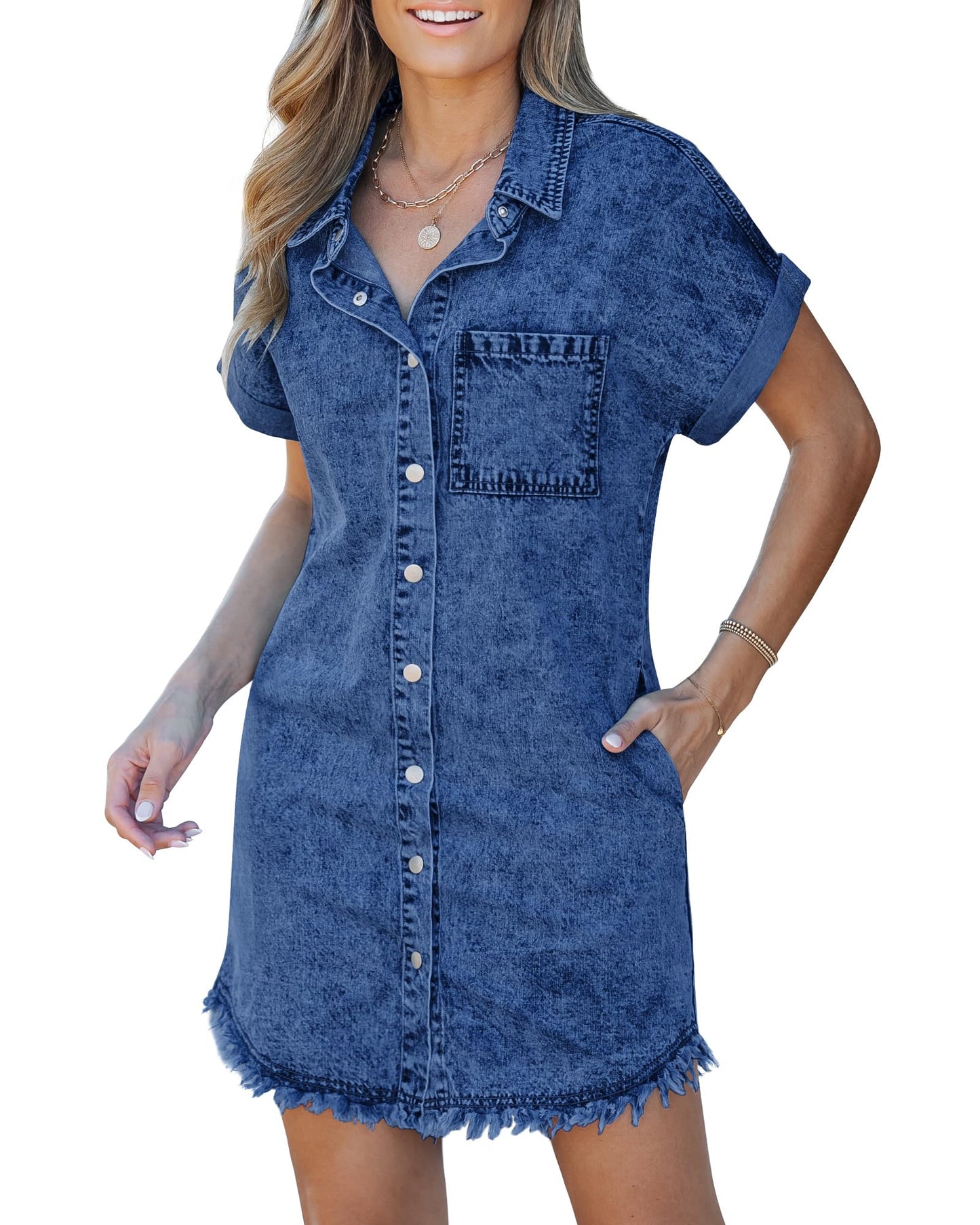 ✨Women's Button Down Frayed Hem Denim Shirt Dresses