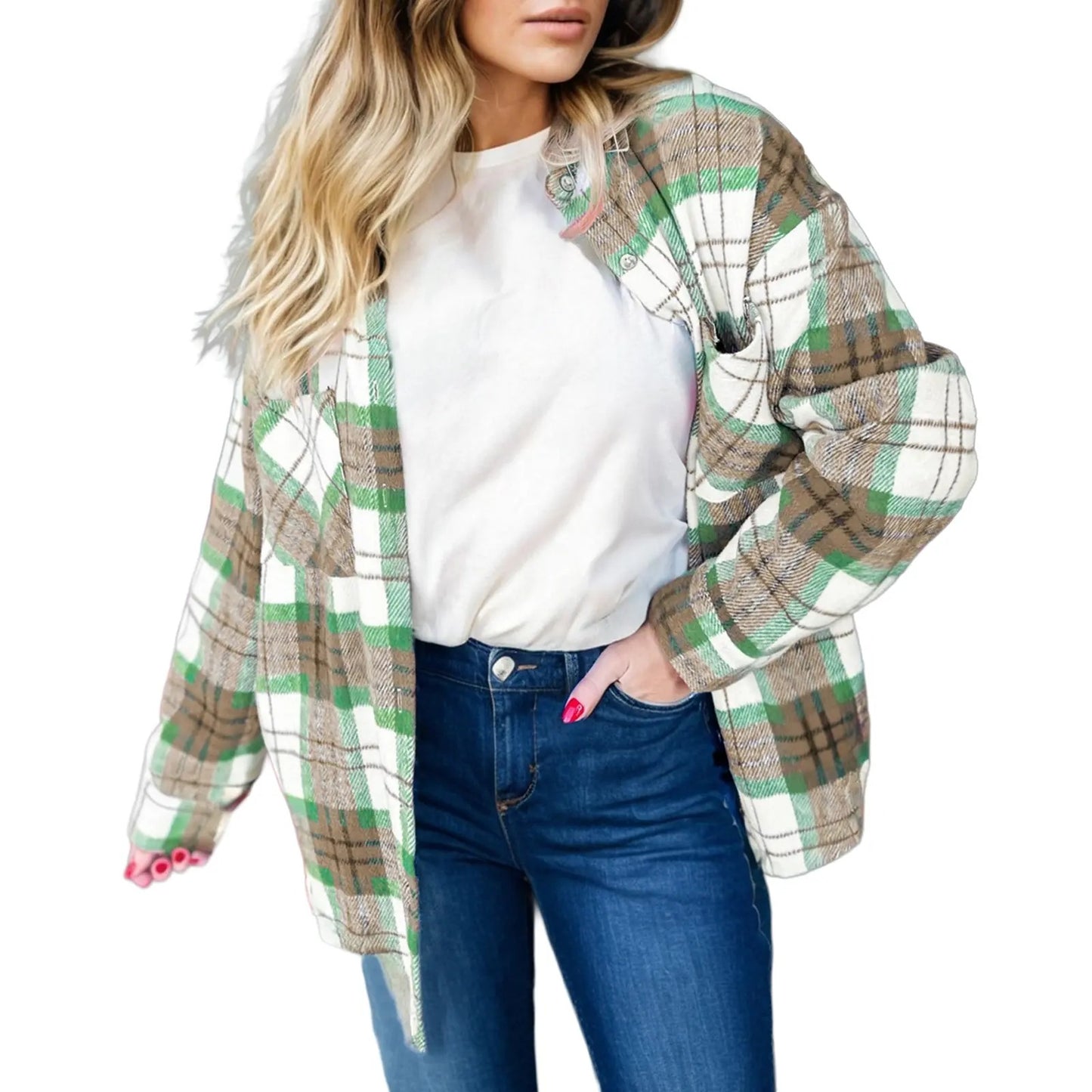 Women's Long Sleeve Christmas Plaid Flannel Shacket with Pockets