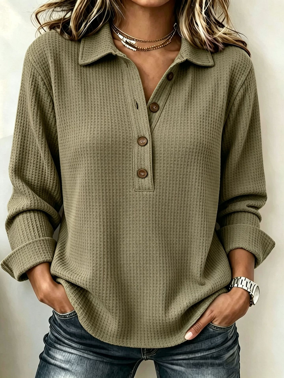 Hot Sale-Women's Waffle Lapel Half Button Long Sleeve Top