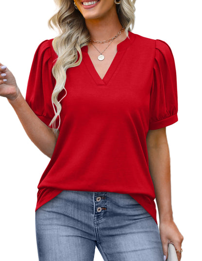 ✨Women's Pleated Puff Sleeve V Neck Tunic Tops