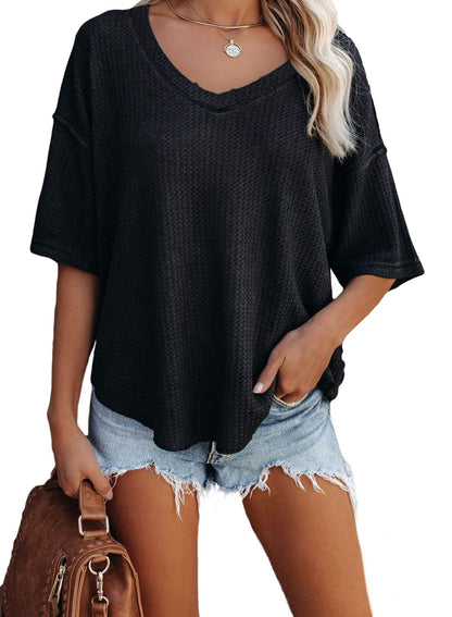 ✨Women's Causual V Neck Short Sleeve Shirts Waffle Knit Loose Tunic Tops