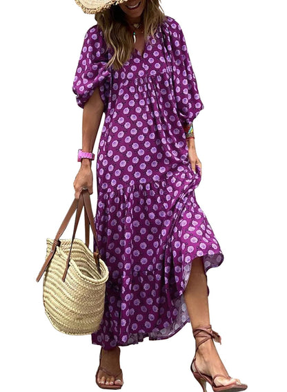 ✨Women's Puff Sleeve Floral Boho Maxi Dress