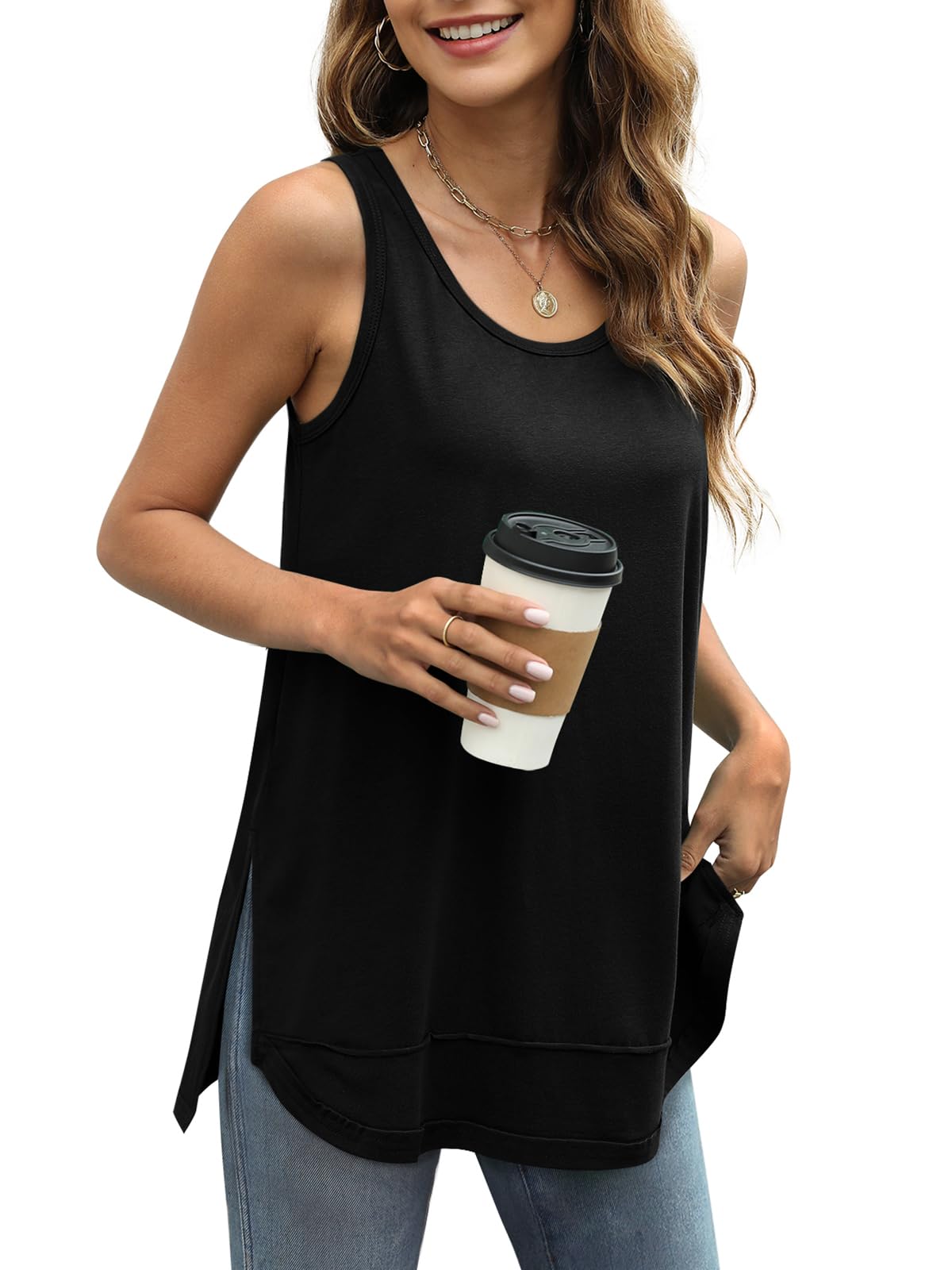Women Scoop Neck Summer Side Split Sleeveless Shirts