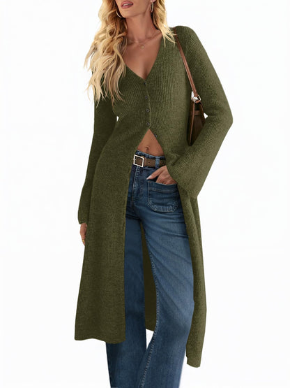 Women's V Neck Bell Sleeve Maxi Knit Cardigan