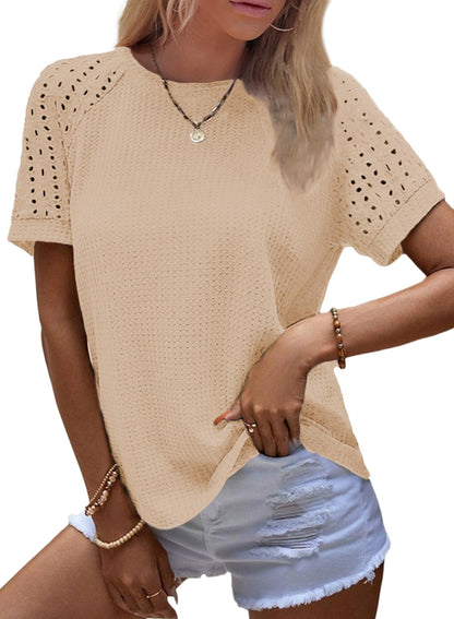 ✨Women's Casual Crew Neck Hollow Out Raglan Short Sleeve Waffle Knit Tops