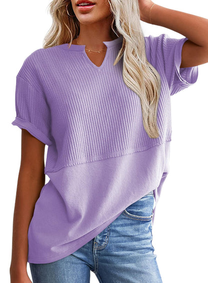 ✨Women's Casual V Neck Waffle Knit Tops Short Sleeve T Shirts