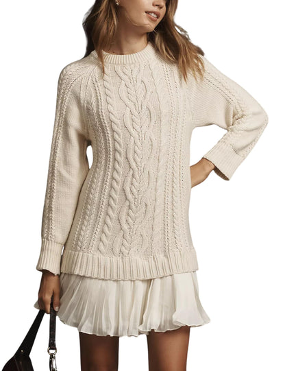 ✨Women Crewneck Cable Knit Sweater Mini Dress