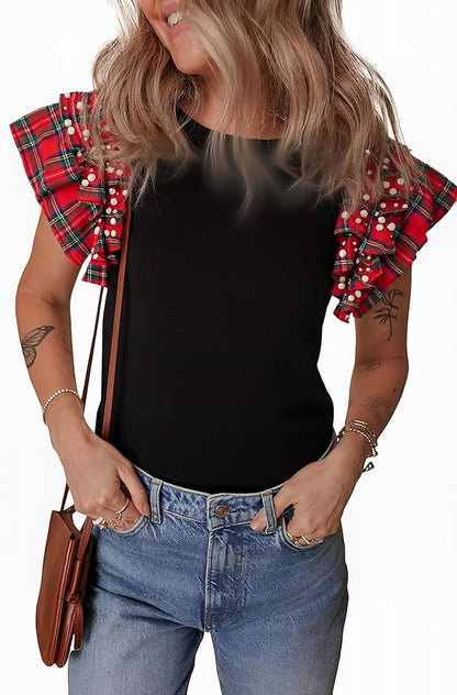 ✨Womens Ruffle Short Sleeve Plaid Pearl Tops