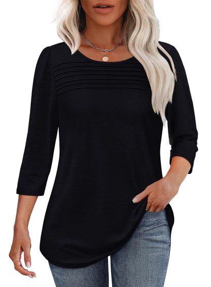 ✨ Women's 3/4 Length Sleeve Top Pleated Front T-Shirt