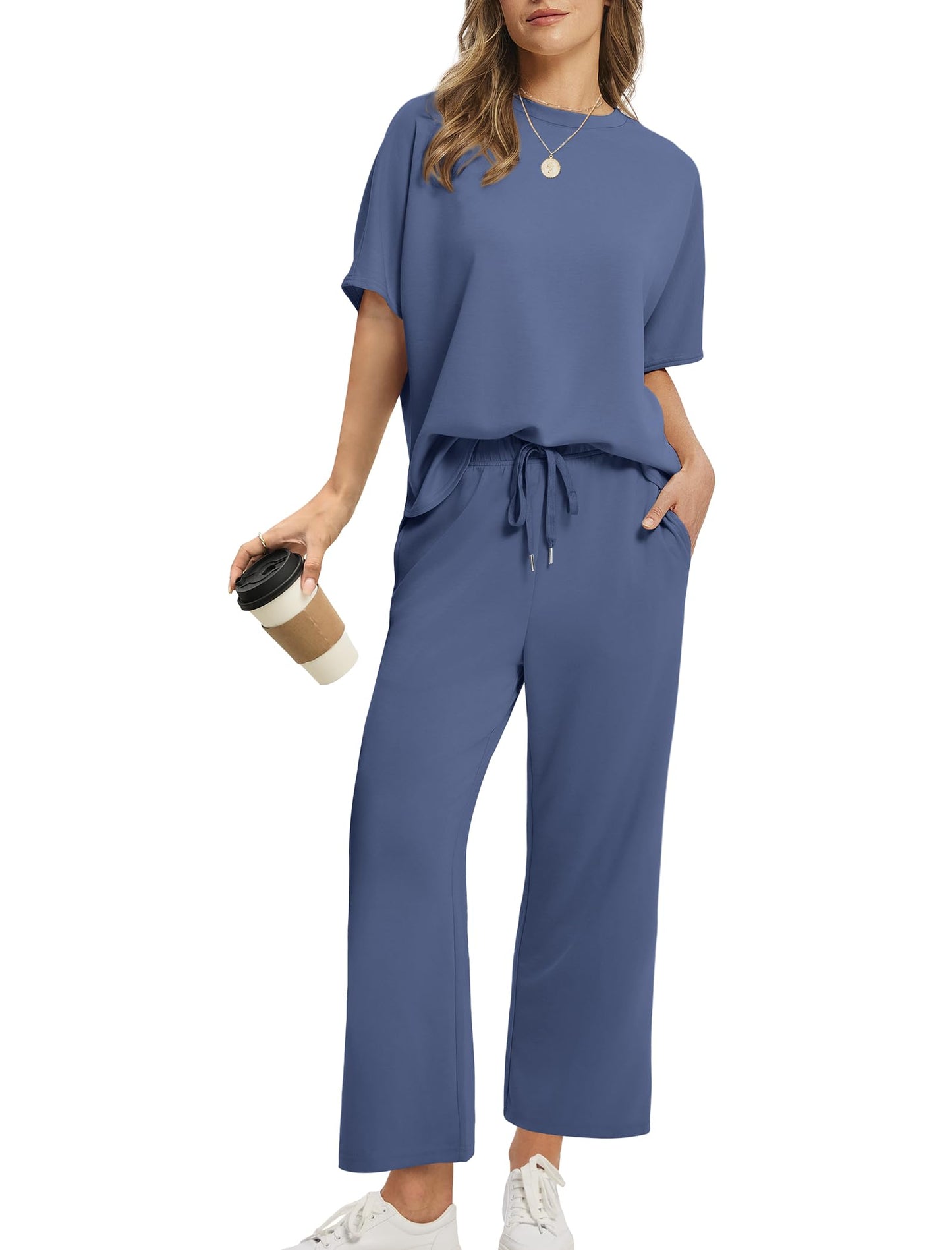 Women Oversized Tshirt and Wide Leg Crop Pants 2 Piece Sets