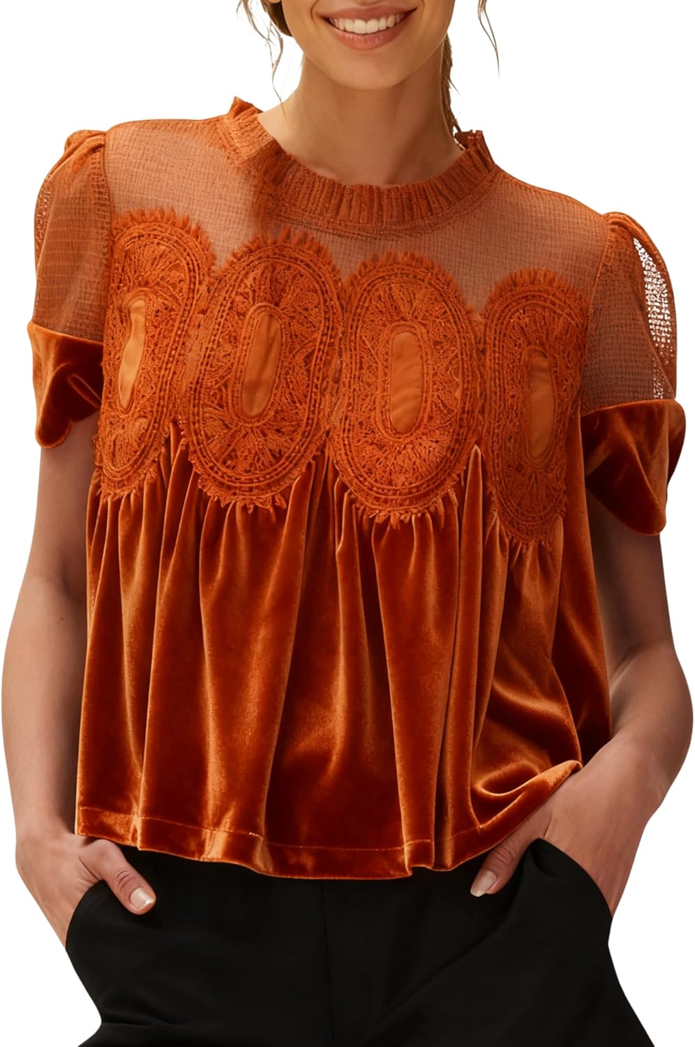Women's Velvet Lace Blouse Casual Round Neck Short Sleeve Flared Swing Top