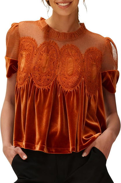 Women's Velvet Lace Blouse Casual Round Neck Short Sleeve Flared Swing Top
