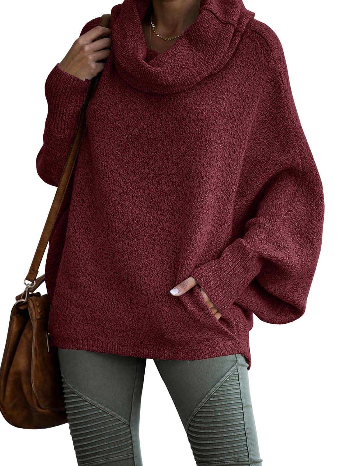 Women's Cowl Neck Batwing Sleeve Pullover Sweater with Pockets(50% OFF)