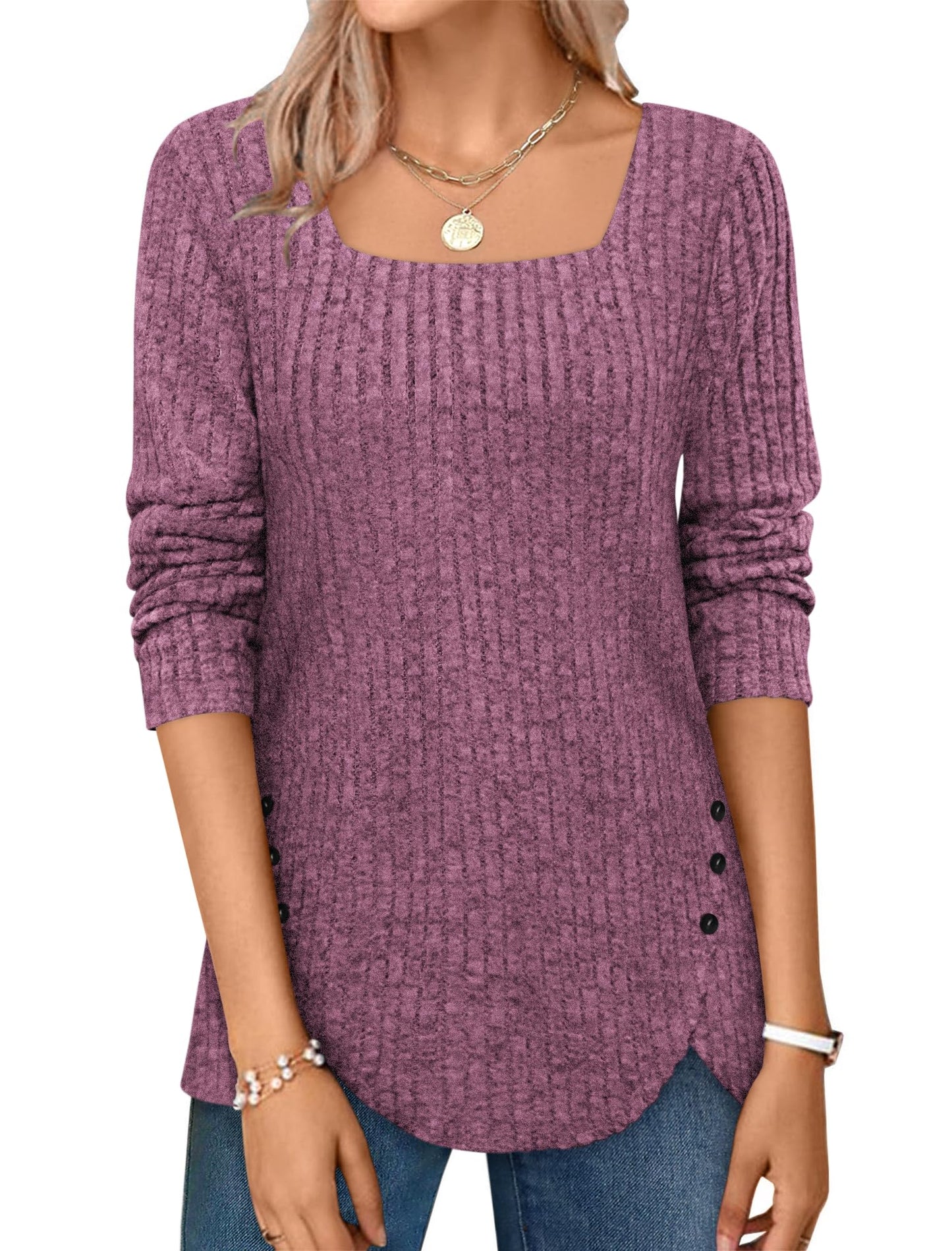 ✨Squared Neck Sweater Ribbed Knit Tunic Tee Shirts