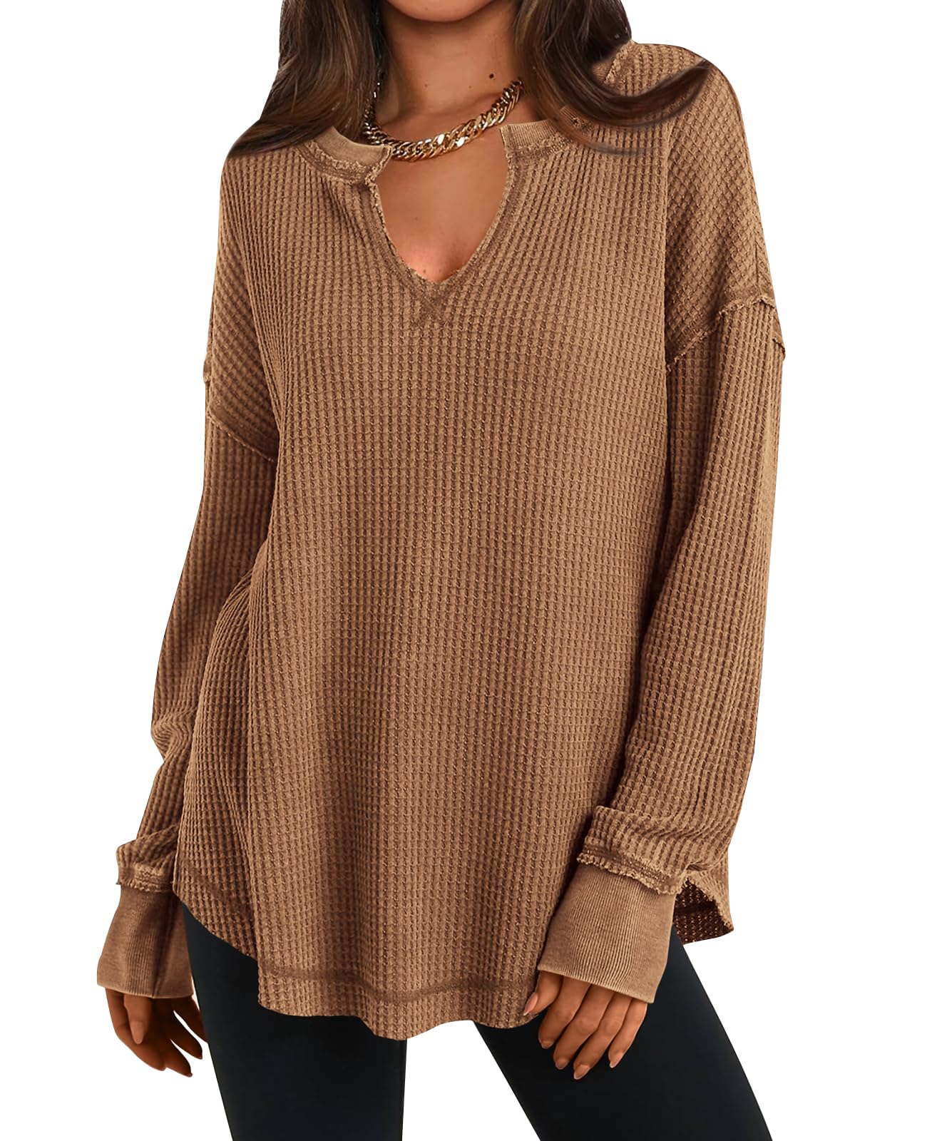 ✨Women's Waffle Knit Exposed Seam Pullover