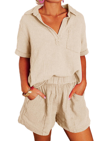 ✨Women's Two Piece Outfits V Neck Short Sleeve Shirts and High Waist Shorts Lounge Sets