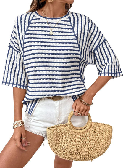 Women Stripe Textured Knit Split Hem Top