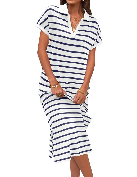 Women's V Neck Side Slit Striped Maxi Dress