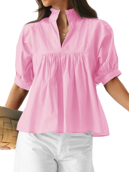 ✨ Women's Puff Sleeve V Neck Casual Pleated Tops