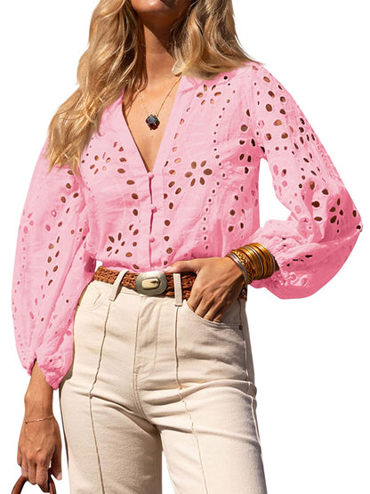 ✨Womens Summer Deep V Neck Eyelet Blouses Casual 3/4 Balloon Sleeve Button Down Shirts