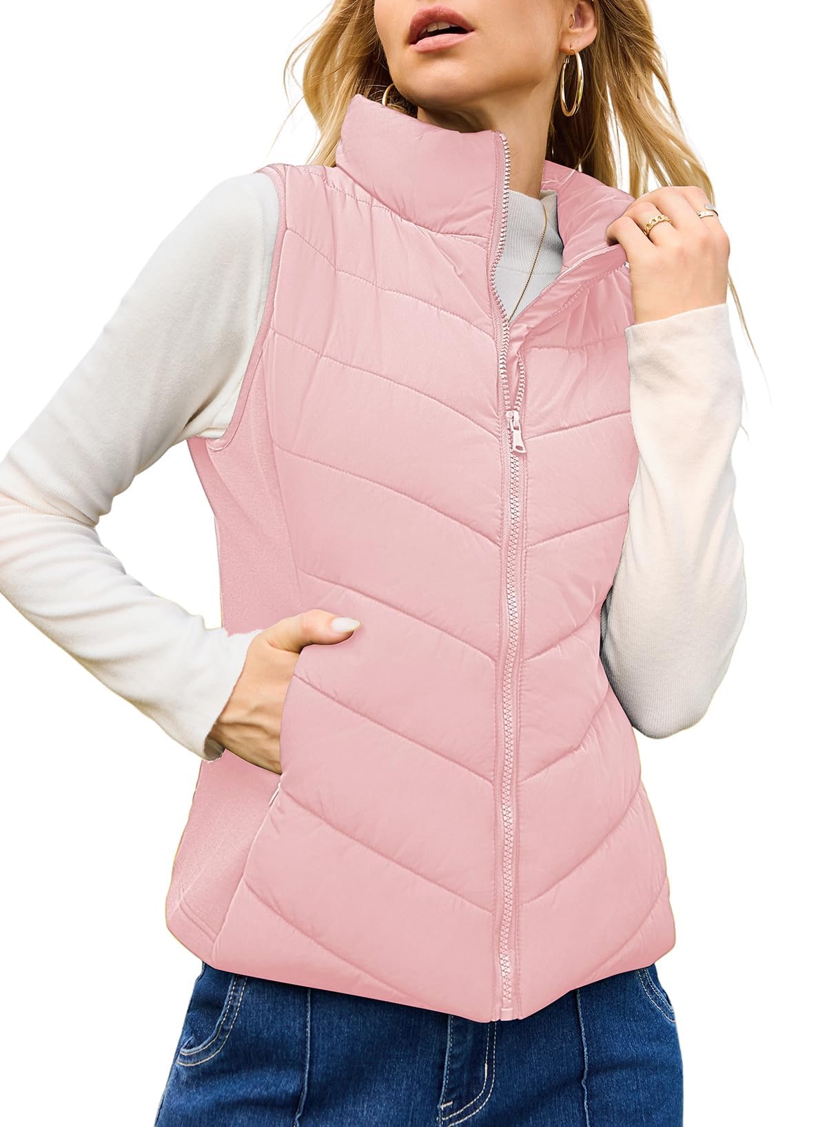 ⏰Hot Sale-Womens Sleeveless Zip Up Outerwear Stand Collar Quilted Puffer Vest