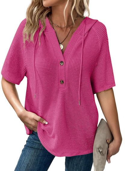 ✨Women's Waffle Knit Button V Neck Short Sleeve Lightweight Drawstring Hoodies(BUY 2 10% off)
