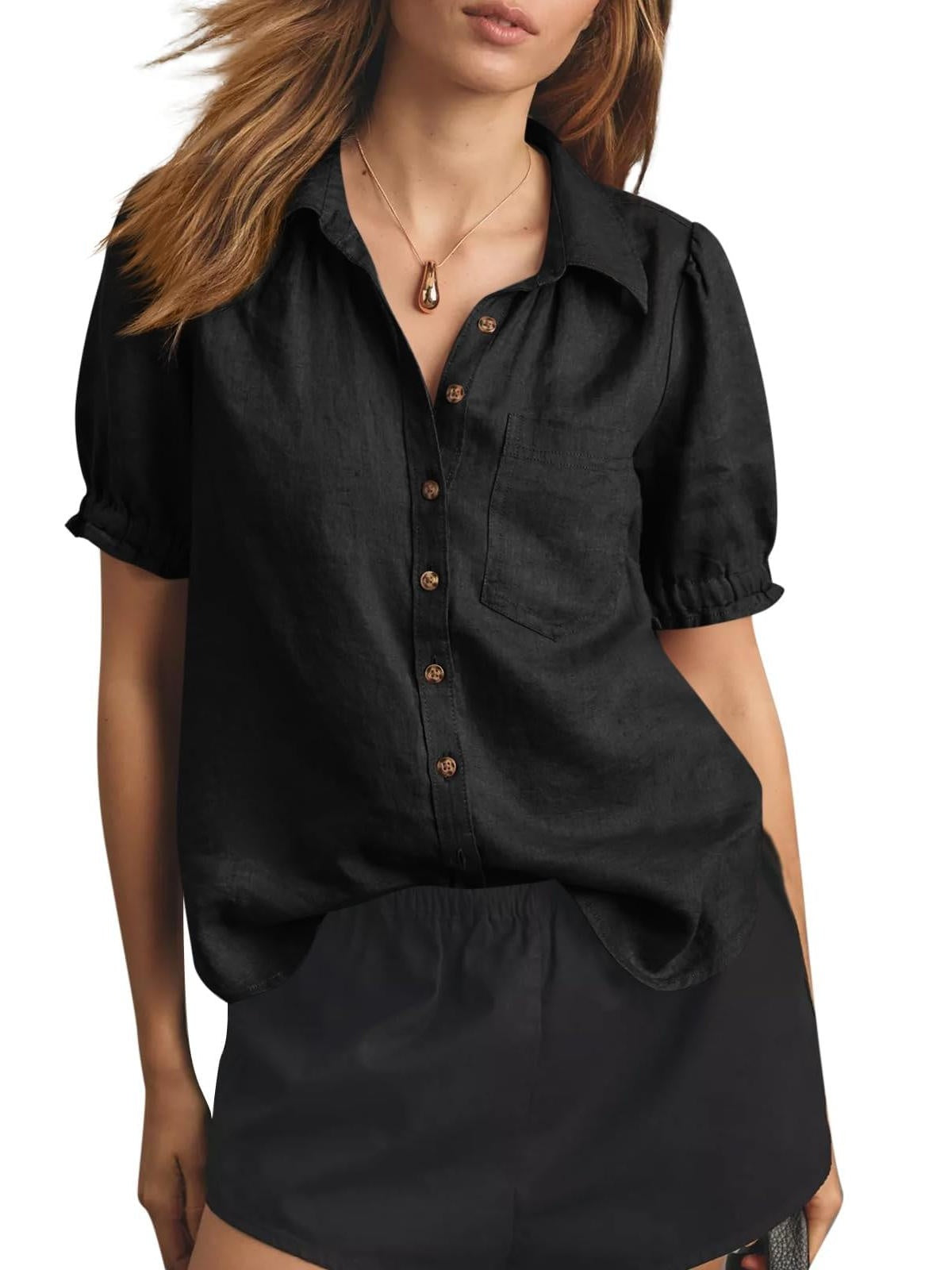 Women's Puff Short Sleeve Linen Blend Button-Down Shirt