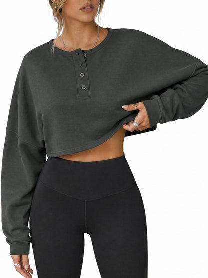 Womens Long Sleeve Cropped Henley Neck Sweatshirts
