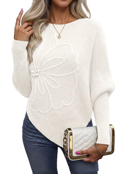 Women's Crew Neck Elegant Floral Pattern Batwing Sleeve Sweaters