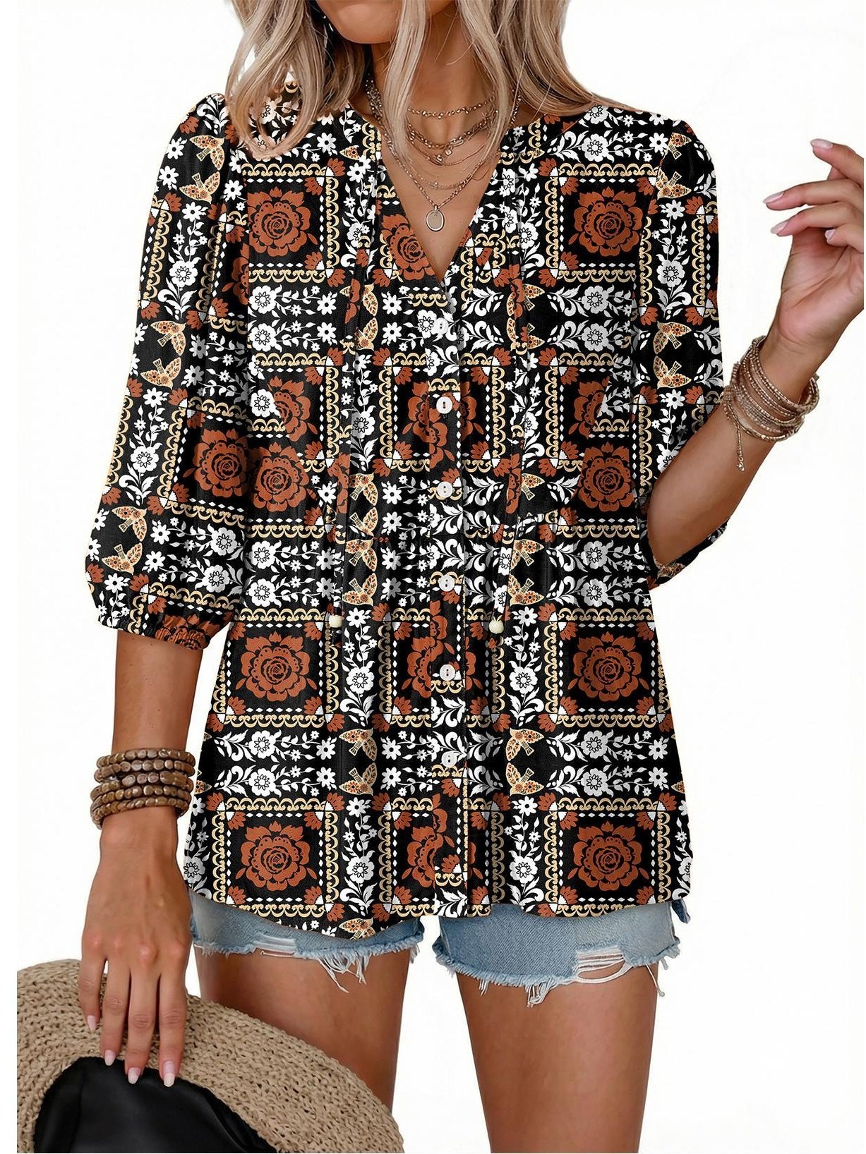 Women's Boho Floral V-Neck Button-Down Peplum Blouse