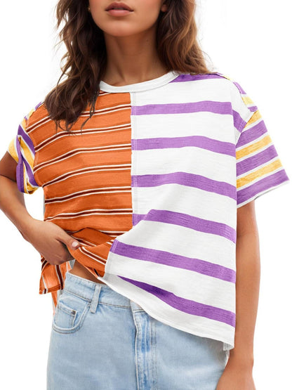 Women's Color Block Striped Crew Neck Short Sleeve T-Shirt