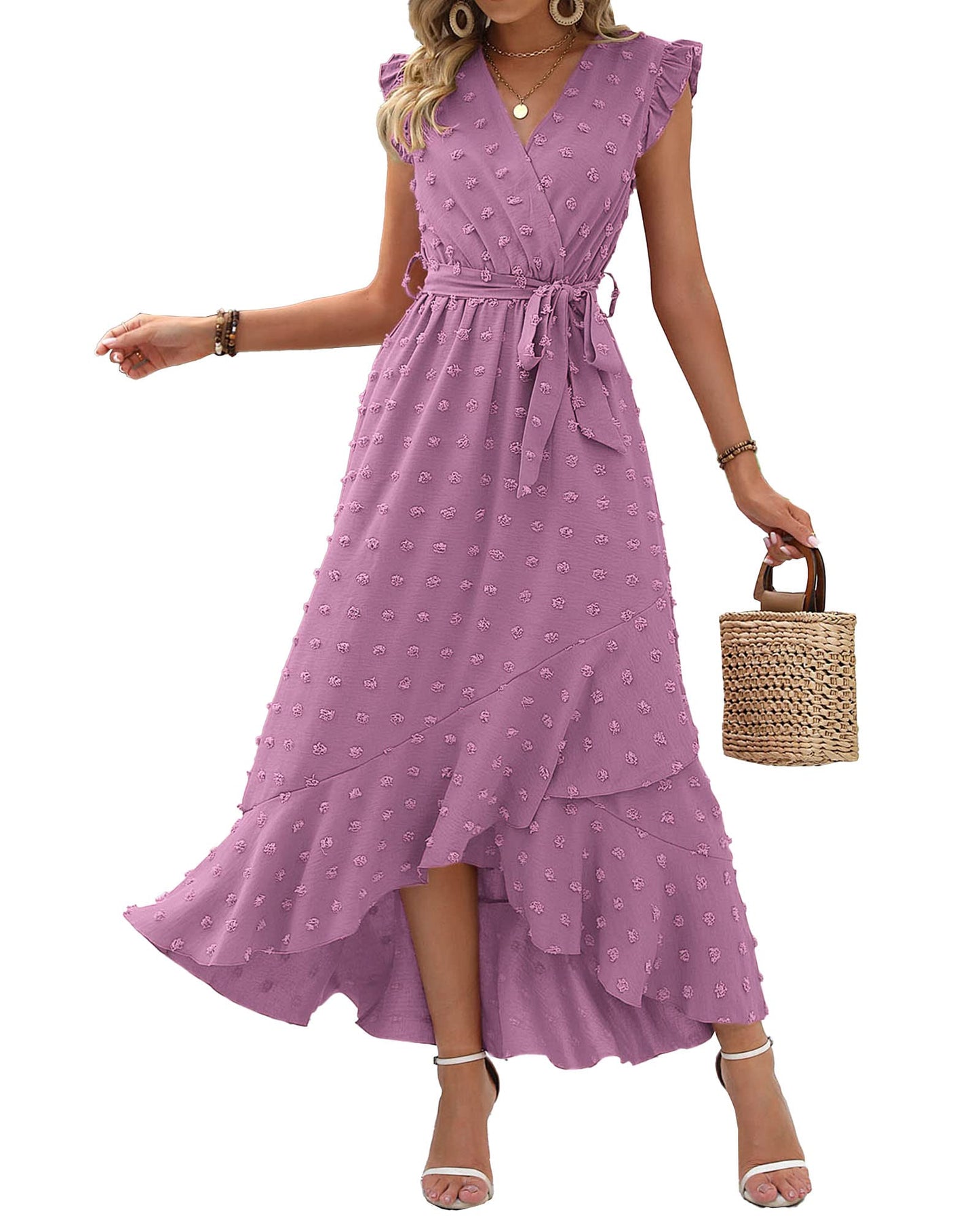 ✨Women's V Neck Cap Sleeve Swiss Dot Boho Flowy Ruffle Slit Long Maxi Dresses